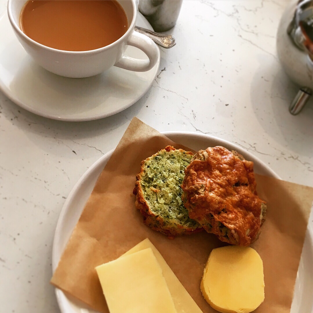 Cheese scone and a cup of tea.