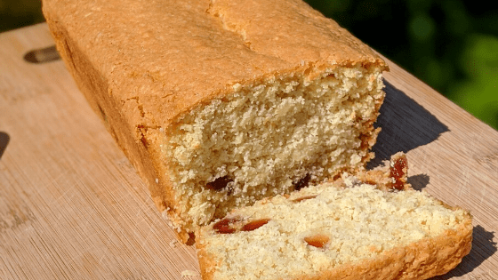 Photograph of gluten free coconut and cherry loaf cake