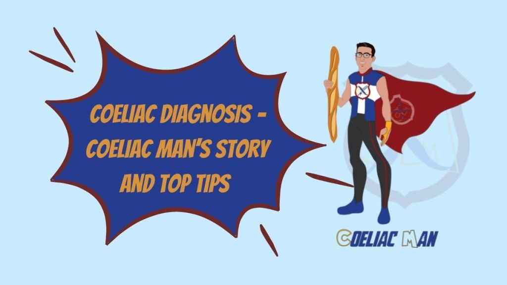 Cartoon image of superhero Coeliac Man with a text title 'Coeliac Diagnosis - Coeliac Man's story and top tips'